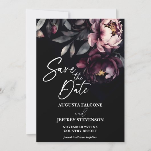 Dunkelmoody noir elegante bordeauxfarbene Pfannkuc Save The Date (Vorderseite)