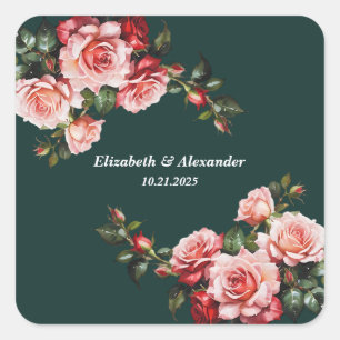 Dunkelmoody, rosa und rote Rosen, grüne Hochzeit Quadratischer Aufkleber