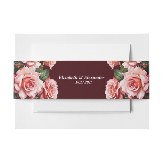 Dunkelmoody-Rosa- und rote Rosen-Maronehe Einladungsbanderole (Vorderseite Beispiel)