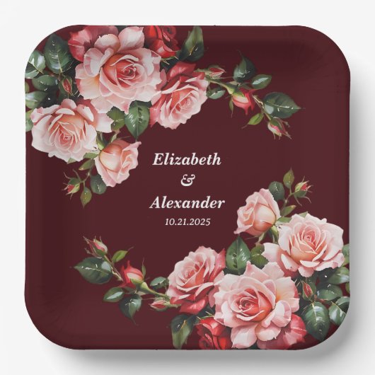 Dunkelmoody-Rosa- und rote Rosen-Maronehe Pappteller (Vorderseite)