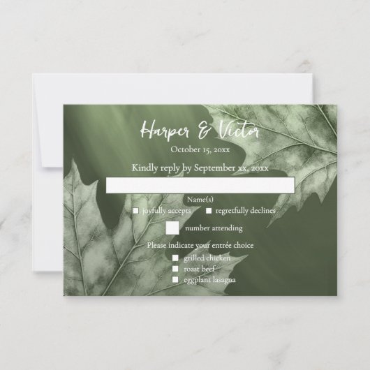 dunkelmoosgrün mit Ahorn-Blätter Akzent QR-Code RSVP Karte (Vorderseite)