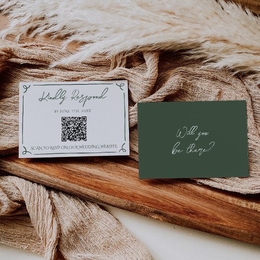 Dunkelmoosgrüne Whimsical Boho QR-Code-Hochzeit RSVP Karte