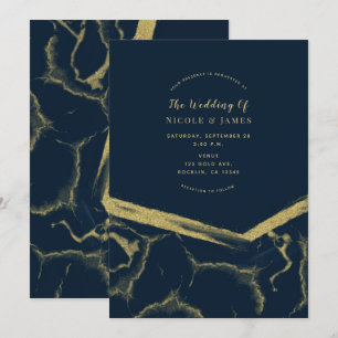 Dunkelnavyblau und Gold Marmor Chic Moderne Hochze Einladung