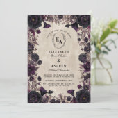 Dunkelromantische Lila Blumenhochzeit Einladung (Stehend Vorderseite)