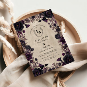 Dunkelromantische Lila Blumenhochzeit Einladung