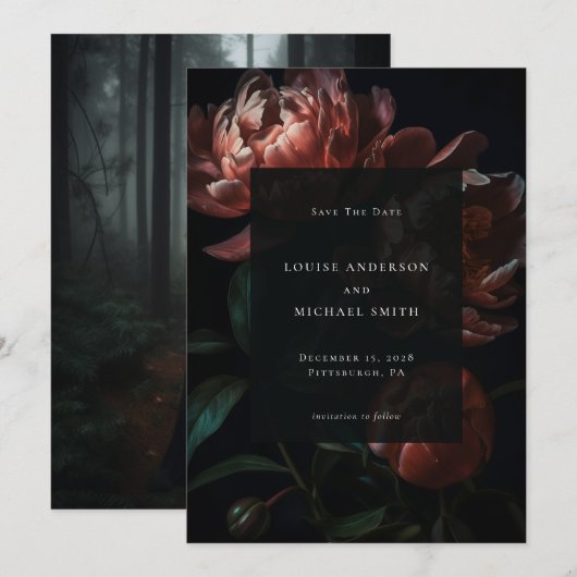 Dunkelromantisches Black Peony Floral Wedding Foto Save The Date (Vorne/Hinten)