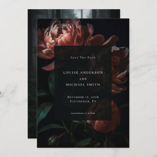 Dunkelromantisches Black Peony Floral Wedding Foto Save The Date