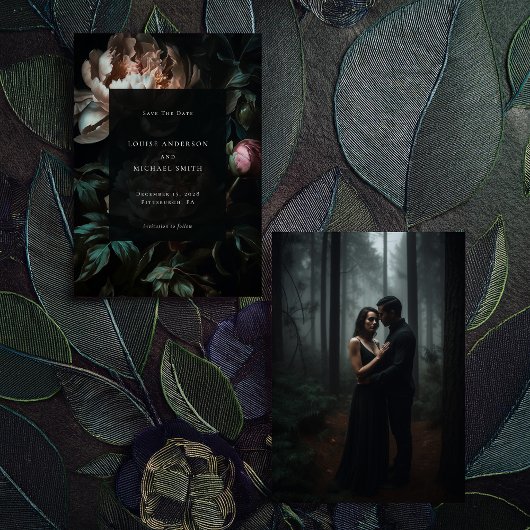Dunkelromantisches Black Peony Floral Wedding Foto Save The Date