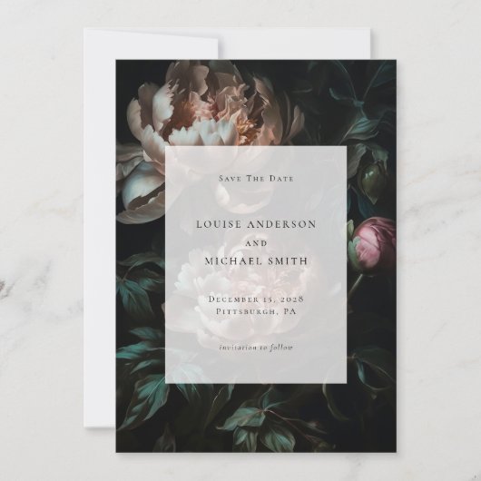 Dunkelromantisches Black Peony Floral Wedding Foto Save The Date (Vorderseite)