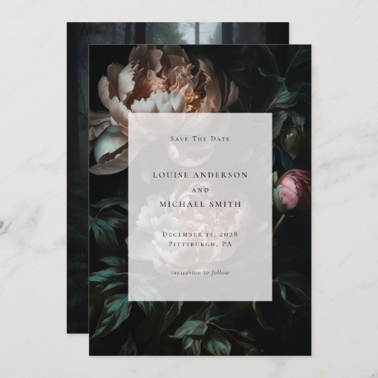 Dunkelromantisches Black Peony Floral Wedding Foto Save The Date (Vorne/Hinten)