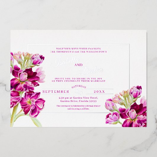 Dunkelrosa Aquarellfarbe Hochzeitsgold Folieneinladung (Vorderseite)