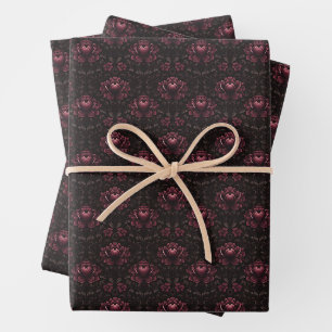 Dunkelrosa Blütendampfer auf schwarz Geschenkpapier Set