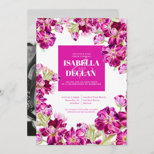 Dunkelrosa Blütenwerk Aquarellfarbenhochzeit Einladung (Vorne/Hinten)
