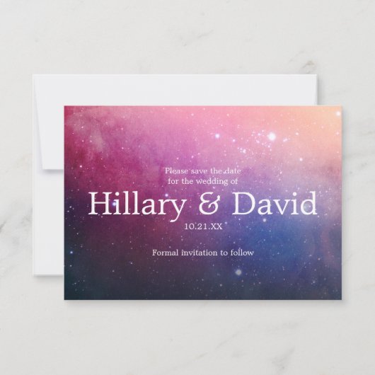 Dunkelrosa Galaxie Save the Date Karte (Rückseite)