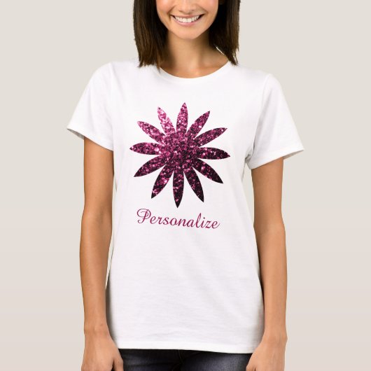 Dunkelrosa Glitzer Glitzern Blume personalisieren T-Shirt (Vorderseite)