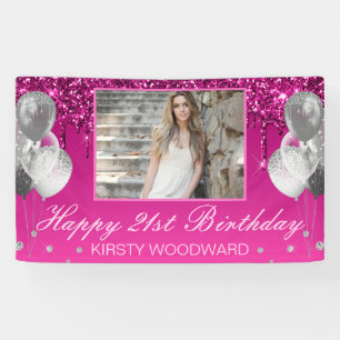 Dunkelrosa Glitzer mit Silberballons Geburtstag Banner