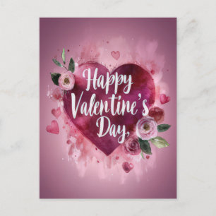 Dunkelrosa Herzen und Rose Valentins Gruß Postkarte