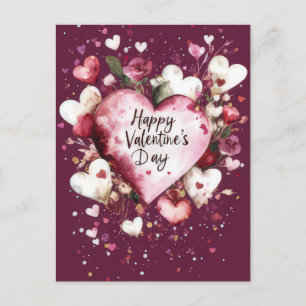 Dunkelrosa Herzen und Rosen Valentinsgruß Postkarte