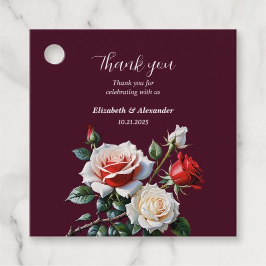 Dunkelrosa Hübsche rote Rosen Blumenhochzeit Geschenkanhänger (Vorderseite)