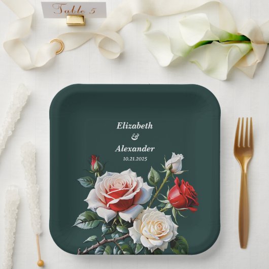 Dunkelrosa Hübsche rote Rosen Blumenhochzeit Pappteller (Hochzeit)