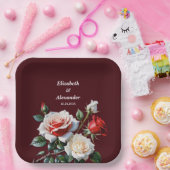 Dunkelrosa Hübsche rote Rosen Blumenhochzeit Pappteller (Party)