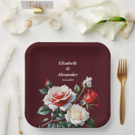 Dunkelrosa Hübsche rote Rosen Blumenhochzeit Pappteller