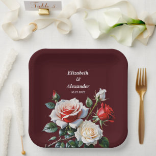 Dunkelrosa Hübsche rote Rosen Blumenhochzeit Pappteller