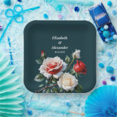 Dunkelrosa Hübsche rote Rosen Blumenhochzeit Pappteller (Party)