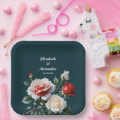 Dunkelrosa Hübsche rote Rosen Blumenhochzeit Pappteller (Party)