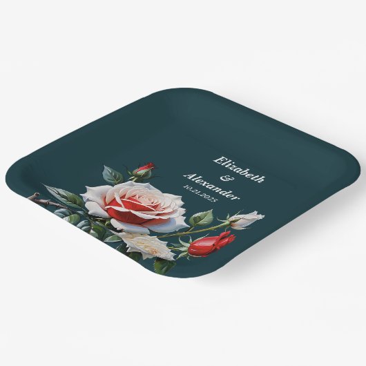 Dunkelrosa Hübsche rote Rosen Blumenhochzeit Pappteller (Gewinkelt)