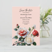 Dunkelrosa Hübsche rote Rosen Blumenhochzeit Save The Date (Stehend Vorderseite)