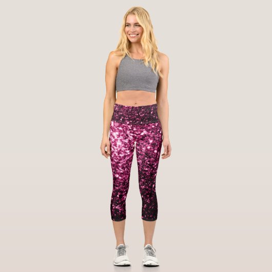 Dunkelrosa Imitate glänzen Glitzer Glitzern Capri Leggings (Vorderseite)