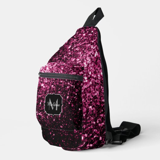Dunkelrosa Imitate Glitzer Glitzern Monogram Crossbody Bag (Rechte Ecke)