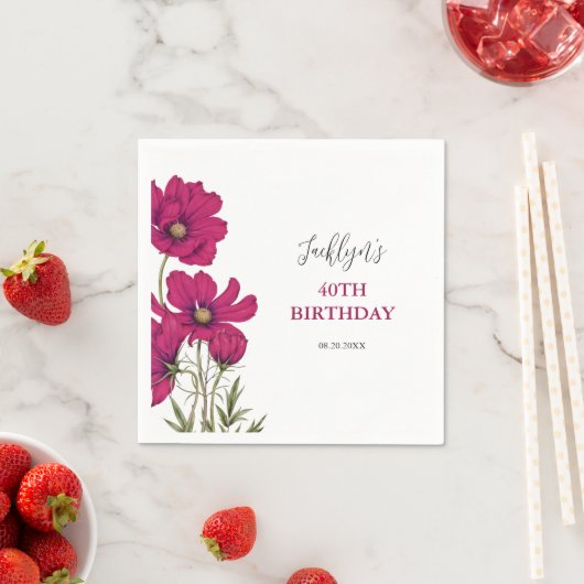 Dunkelrosa Kosmos Blumengrün Geburtstag Serviette (Beispiel)