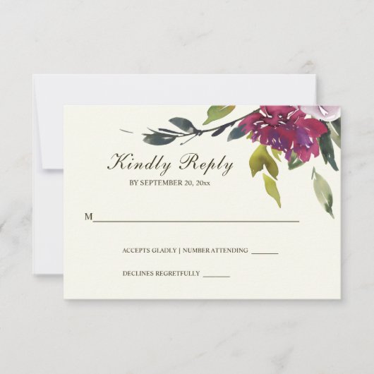 Dunkelrosa Lila Blumenwasserfarbenhochzeit RSVP Karte (Vorderseite)