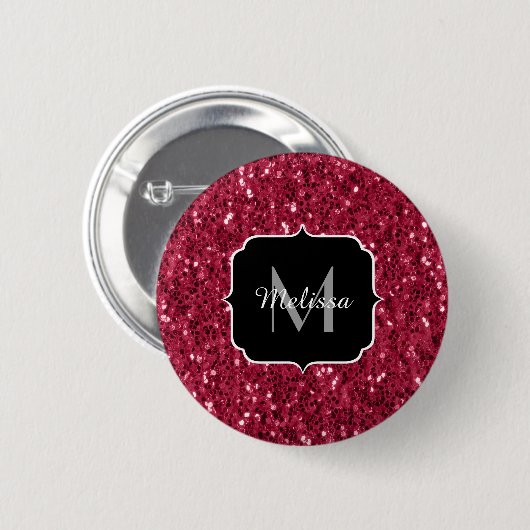 Dunkelrosa Magenta-Imitate Glitzern Monogramm Button (Vorne & Hinten)