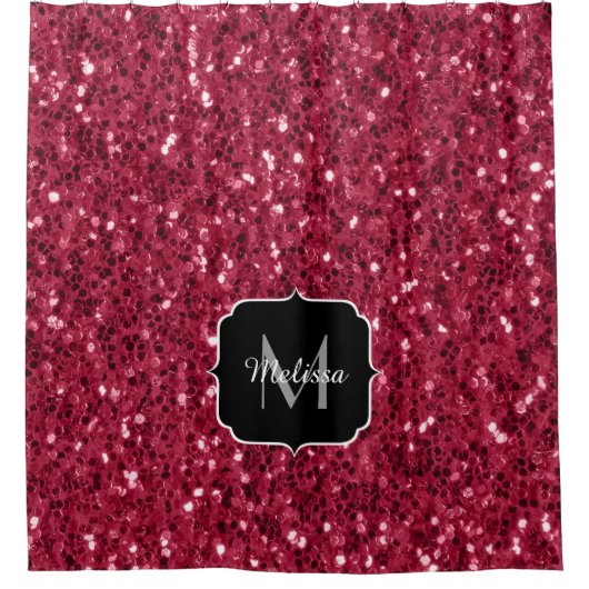Dunkelrosa Magenta-Imitate Glitzern Monogramm Duschvorhang (Vorderseite)