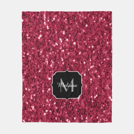 Dunkelrosa Magenta-Imitate Glitzern Monogramm Fleecedecke (Vorderseite)