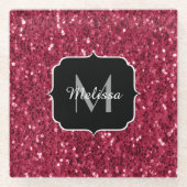 Dunkelrosa Magenta-Imitate Glitzern Monogramm Glasuntersetzer (Vorderseite)