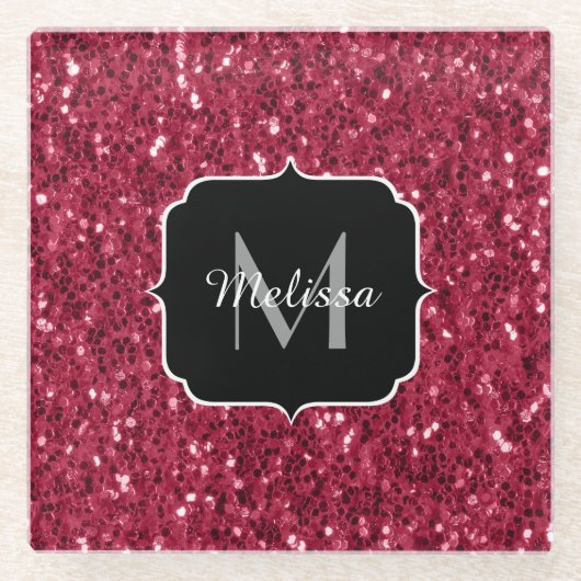 Dunkelrosa Magenta-Imitate Glitzern Monogramm Glasuntersetzer (Vorderseite)
