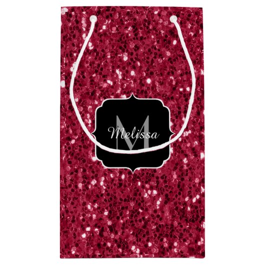 Dunkelrosa Magenta-Imitate Glitzern Monogramm Kleine Geschenktüte (Rückseite)