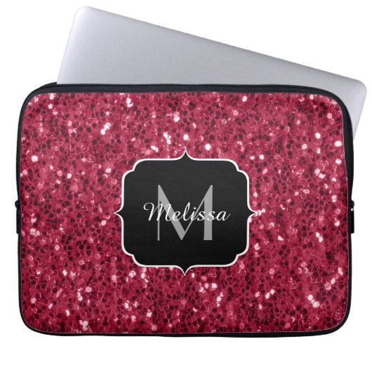 Dunkelrosa Magenta-Imitate Glitzern Monogramm Laptopschutzhülle (Vorderseite)
