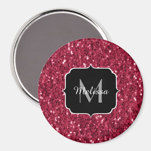 Dunkelrosa Magenta-Imitate Glitzern Monogramm Magnet (Vorderseite/Rückseite)