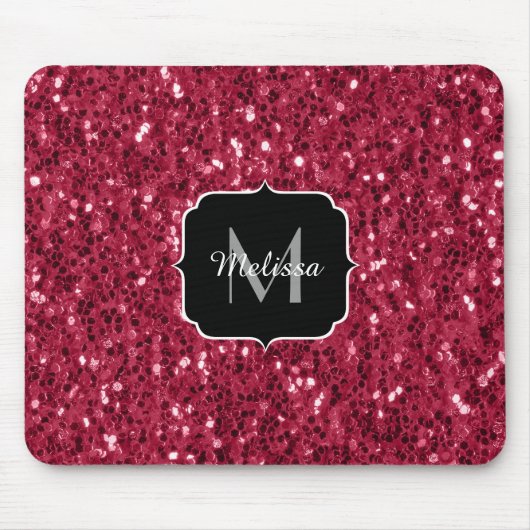 Dunkelrosa Magenta-Imitate Glitzern Monogramm Mousepad (Vorne)