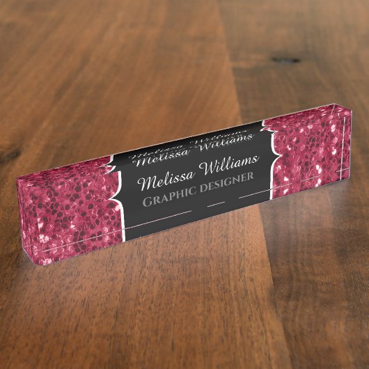 Dunkelrosa Magenta-Imitate Glitzern Monogramm Namensplakette (Seite)