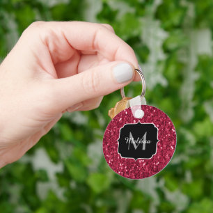 Dunkelrosa Magenta-Imitate Glitzern Monogramm Schlüsselanhänger