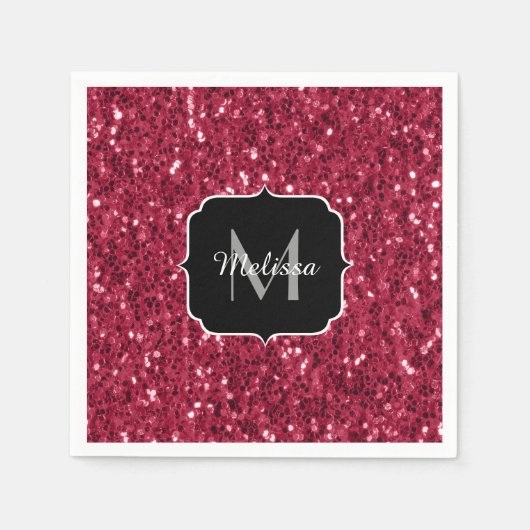 Dunkelrosa Magenta-Imitate Glitzern Monogramm Serviette (Vorderseite)