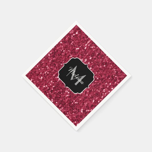 Dunkelrosa Magenta-Imitate Glitzern Monogramm Serviette (Ecke)