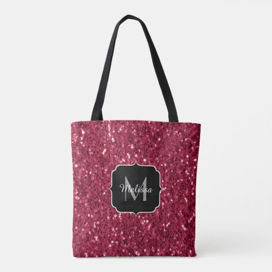 Dunkelrosa Magenta-Imitate Glitzern Monogramm Tasche (Rückseite)