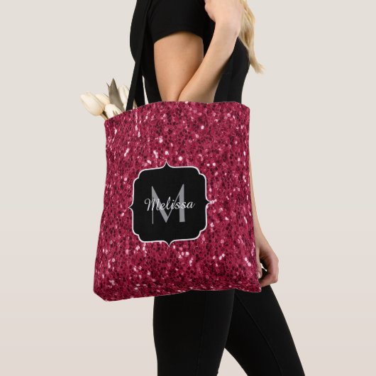 Dunkelrosa Magenta-Imitate Glitzern Monogramm Tasche (Von Nahem)